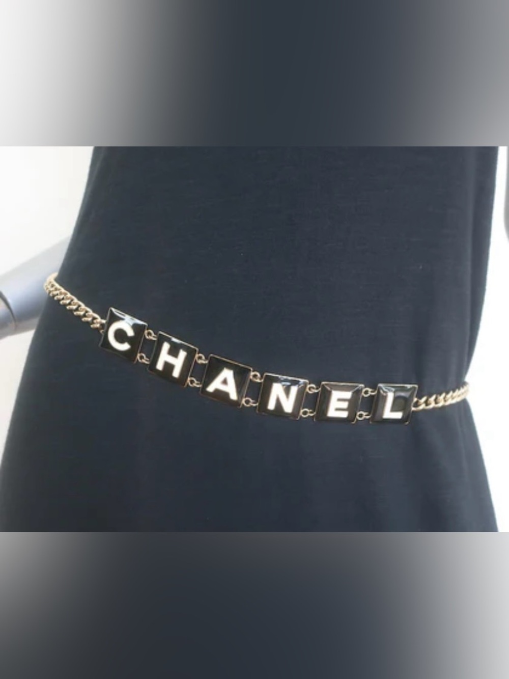 ChaneI Gold- Tone and Black Enamel Spell - Out Belt Adjustable Chain Waist